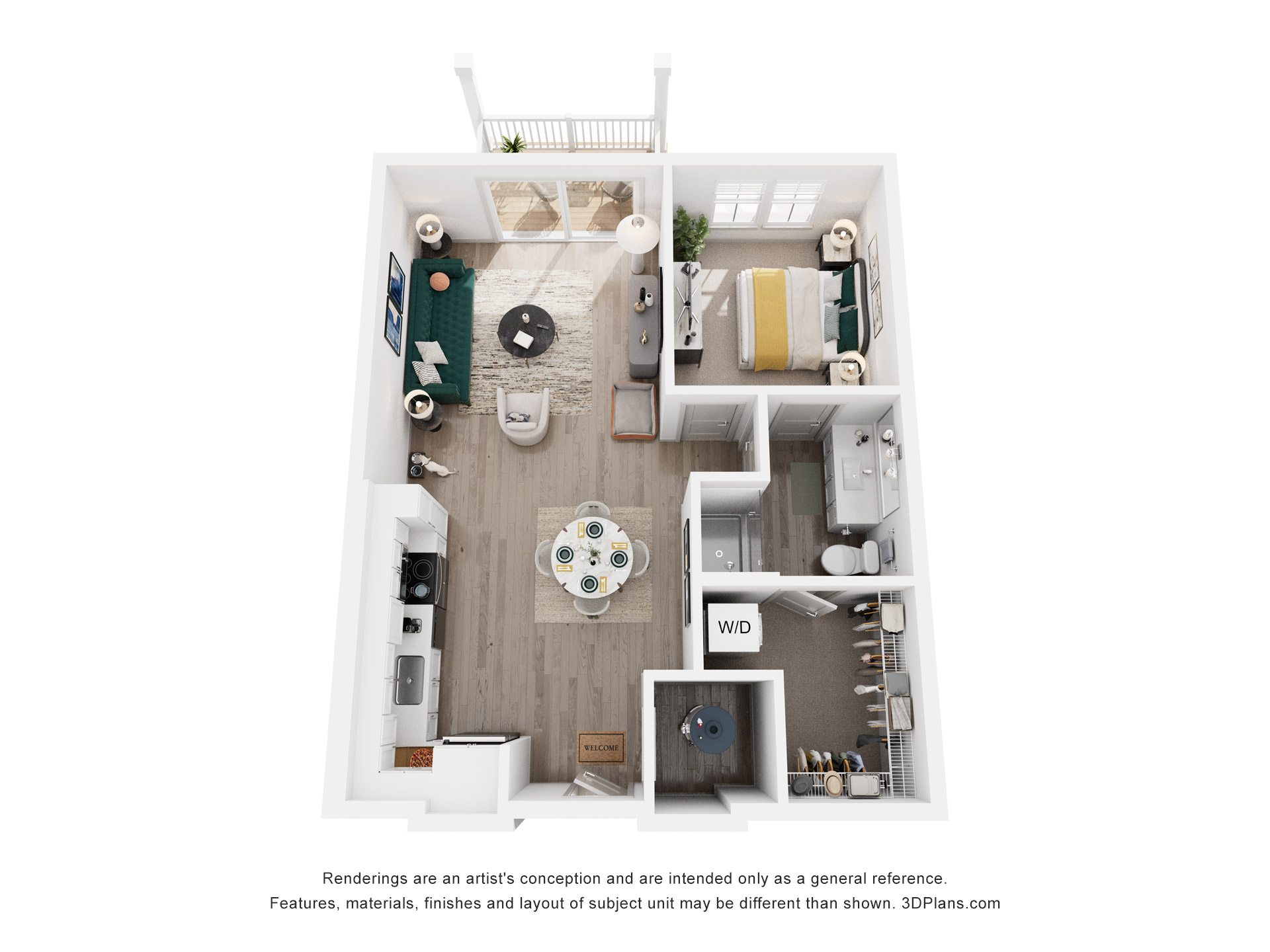 Floor plan for 1 bed, 1 bath, 620 sqft